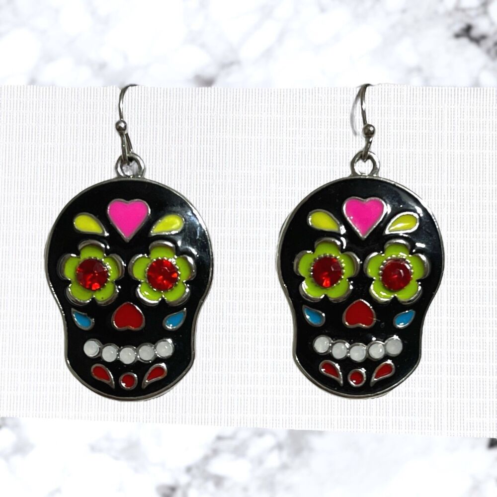 Sugar Skull Earrings Black Red Pink Calavara Dia De Muertos Skeleton Enameled